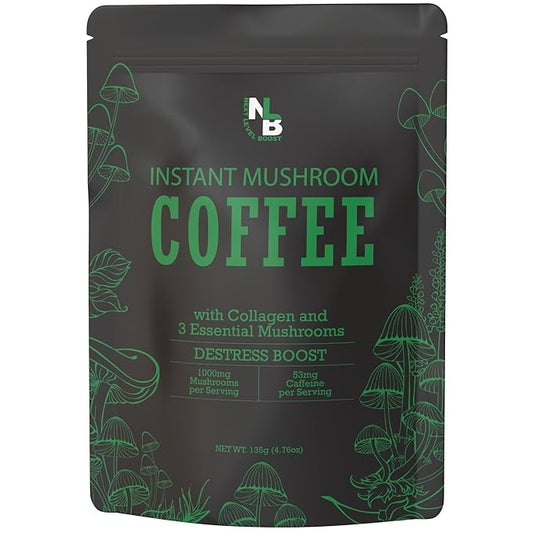 Destress Boost Organic Mushroom Instant Coffee - 135g, 15 Servings Pouch - Healthy Coffee
