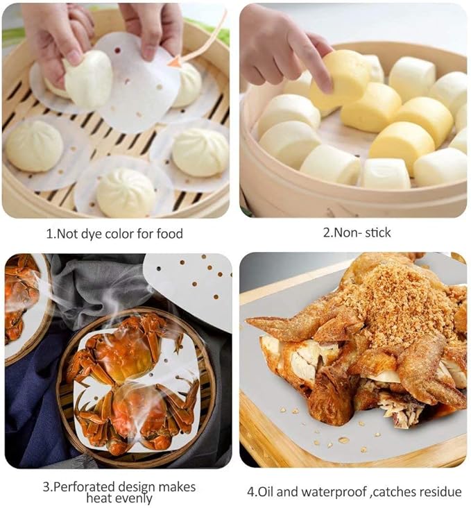 200pcs 8.5inch Square Perforated Parchment Paper Sheets, Premium Nonstick Bamboo Steamer Liner for