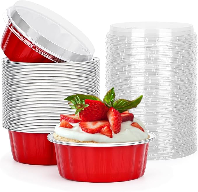 Beasea 8 oz Disposable Ramekins with Lids, 50 Pack Aluminum Foil Cups for Party Wedding Birthday