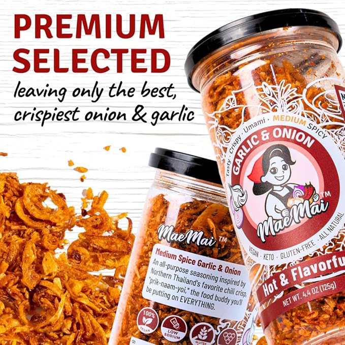 MaeMai Chili Crisp (MEDIUM HOT Spice) - Crunchy Spicy Onion & Garlic Flakes - All-Purpose