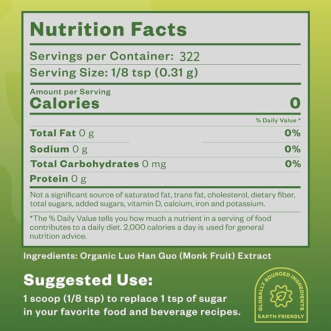 Organic Monk Fruit Sweetener, 125g (4.41oz), No Fillers Pure USDA Organic Monk Fruit Extract Powder