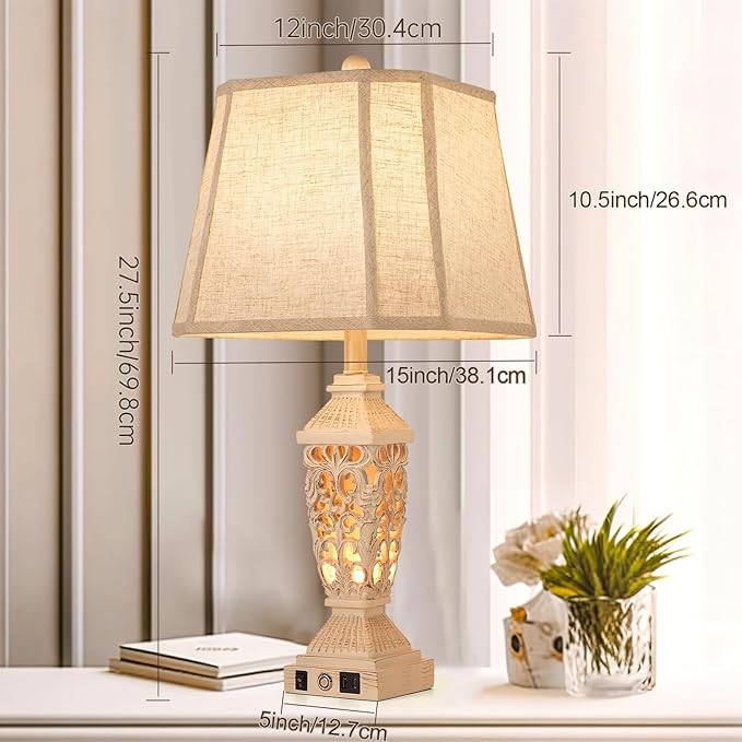 AIDENOEY Farmhouses Table Lamp with USB & USB-C Charging Ports, 3-Color Dimmable & Stepless Bottom