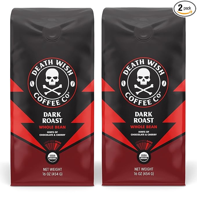 Death Wish Coffee, Whole Bean Dark Roast - USA Organic Coffee Beans Bundle/Bulk - Fair Trade