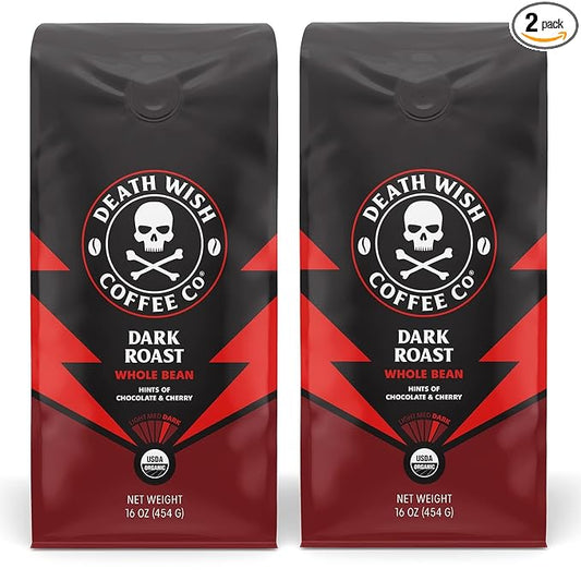 Death Wish Coffee, Whole Bean Dark Roast - USA Organic Coffee Beans Bundle/Bulk - Fair Trade