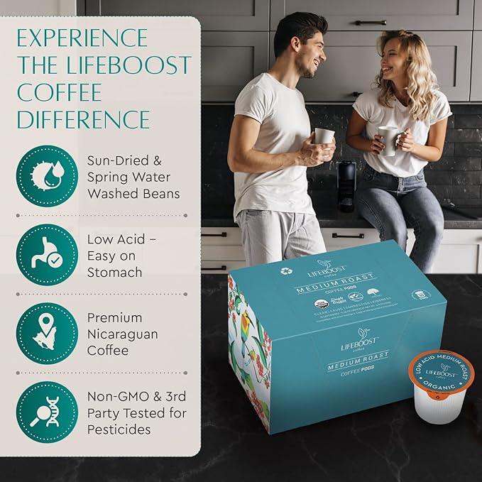 Lifeboost Medium Roast Low Acid Coffee K Cups - Single Origin Mold Free Non-GMO Organic Coffee Pods