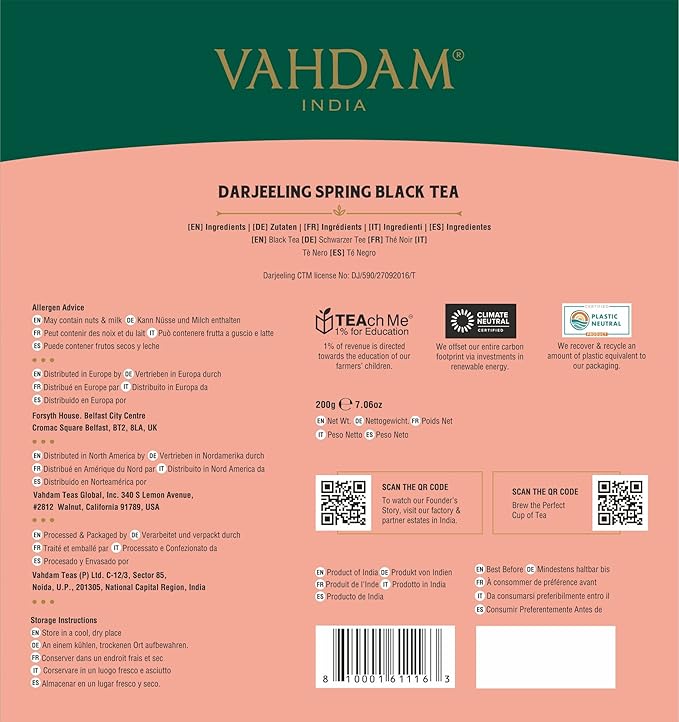 VAHDAM, Exotic Darjeeling First Flush Tea Leaves (100 Black Tea Bags) High Caffeine, Non GMO