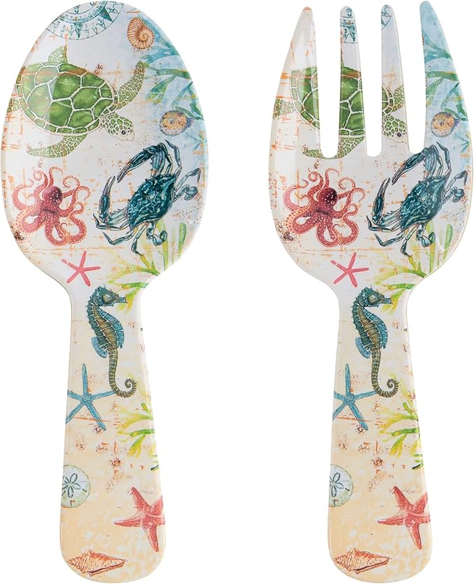 UPware Sea Life Melamine Salad Servers, Serving Utensil Set, Includes Serving Fork and Spoon for