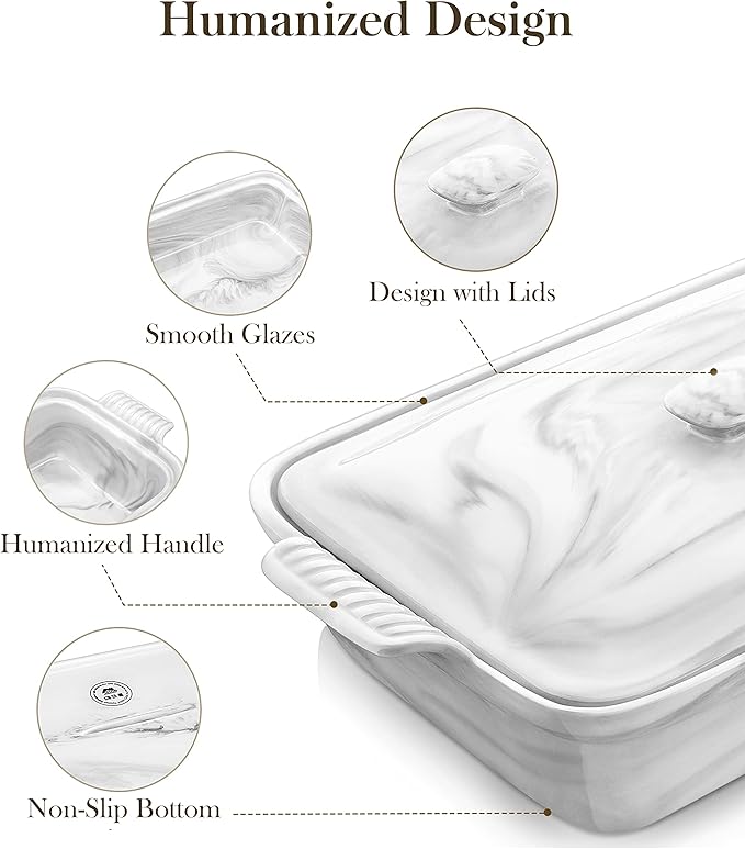 MALACASA Casserole Dish With Lid, 3.4 Quart Baking Dish With Lid, Lasagna Pan Deep Ceramic Bakeware
