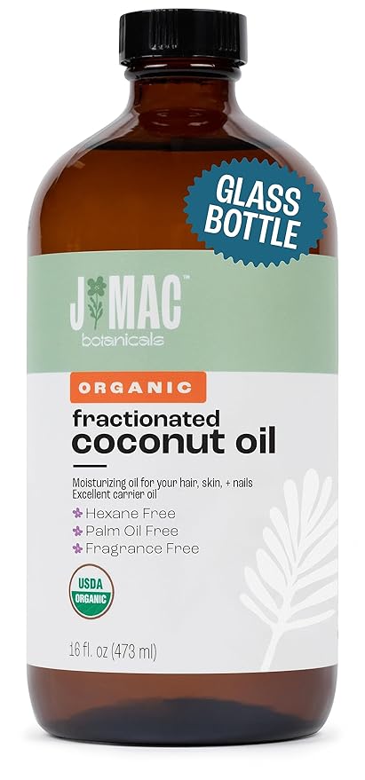 J MAC BOTANICALS Organic Fractionated Coconut Oil (16 Ounce Glass Bottle) Organic Carrier Oil and