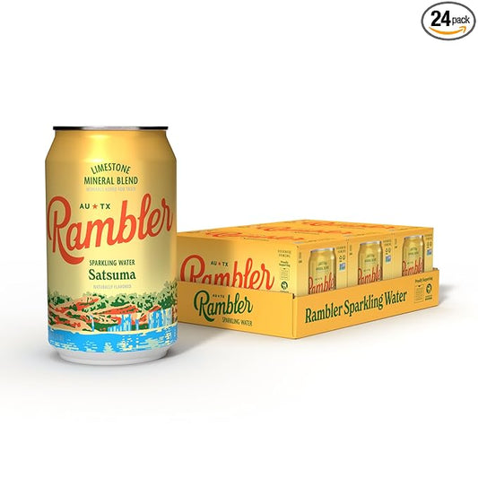 AUTX RAMBLER Sparkling Water, Texas Limestone Mineral Blend, Satsuma Flavor, 12-Ounce Cans, Three