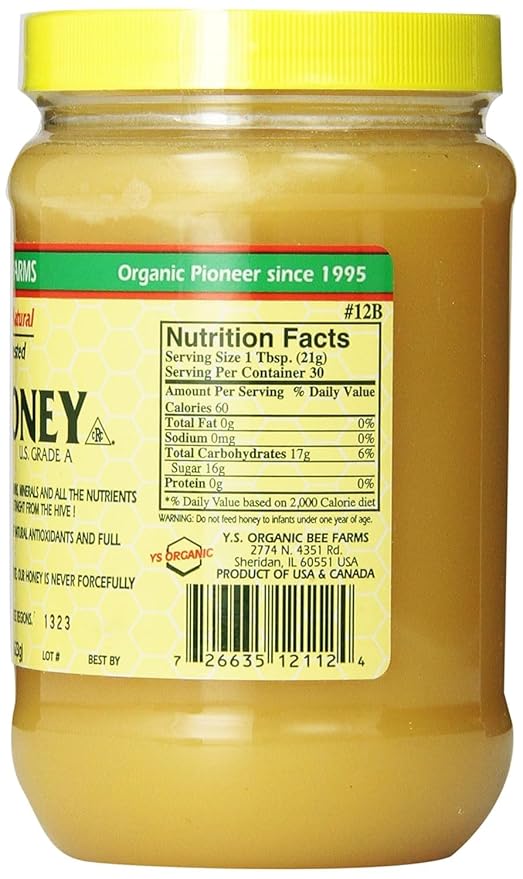 Y.S. Bee Farms Organic Honey Raw Unfiltered - 22 oz 3 Pack - U.S. Grade A Raw Honey, Packed by ILIOS