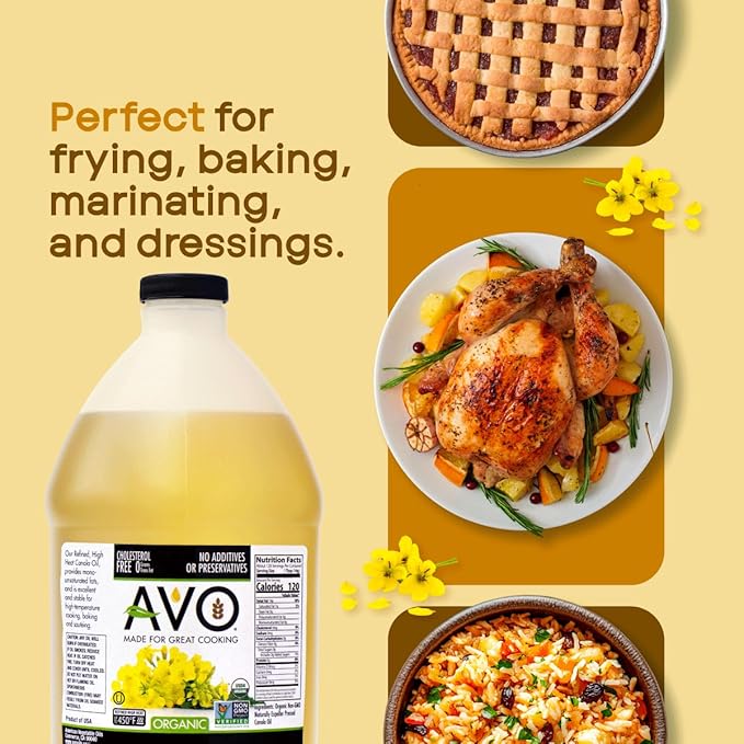 AVO ORGANIC CANOLA Oil Frying, Baking, Non-stick Saut챕ing, Salads, Vinaigrette, Marinades, Pan
