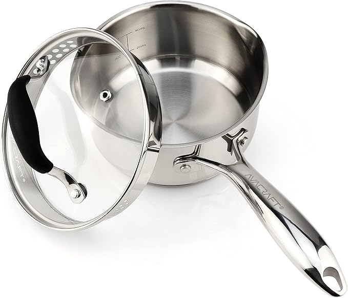 AVACRAFT Multipurpose Sauce Pan/Pot, Stainless Steel with Glass Strainer Lid, Two Side Spouts for