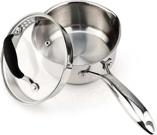 AVACRAFT Multipurpose Sauce Pan/Pot, Stainless Steel with Glass Strainer Lid, Two Side Spouts for