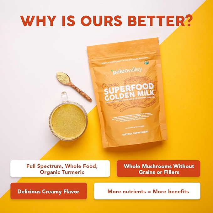 Paleovalley Organic Superfood Golden Milk - Immune, Focus, Cognitive, Longevity - Turmeric