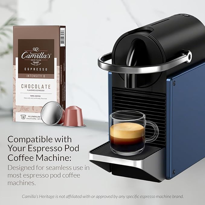 Camilla’s Heritage - Intensity 8 Chocolate Flavored Espresso Coffee, Gourmet Espresso Cups, 60