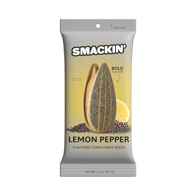 SMACKIN' Sunflower Seeds, Roasted Jumbo Small-Batch, American Made - Lemon Pepper. 1.5oz bags (36