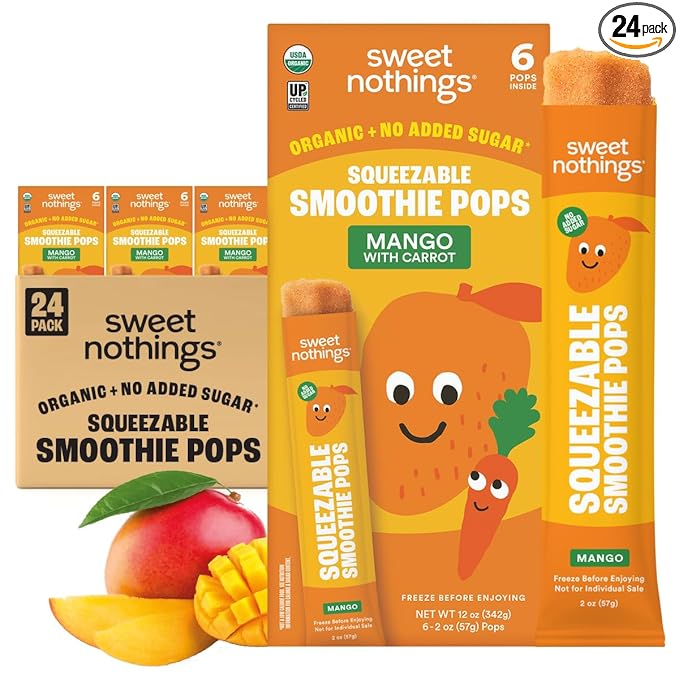 Sweet Nothings, Mango, USDA Organic Kids' Squeezable Fruit Smoothie Popsicle Pops, Value Pack of 24