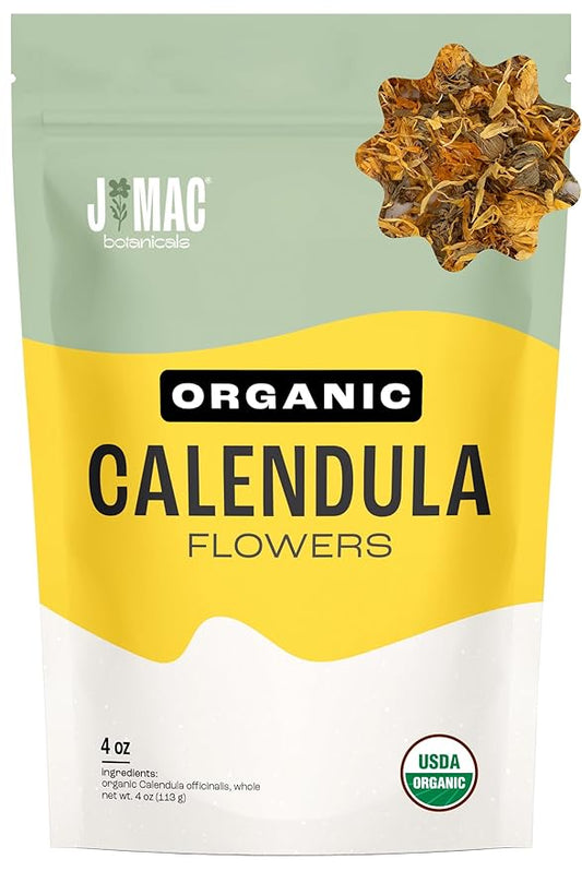 J Mac Botanicals, Organic Calendula Flower (4 ounce), whole dried flowers and petals, loose leaf