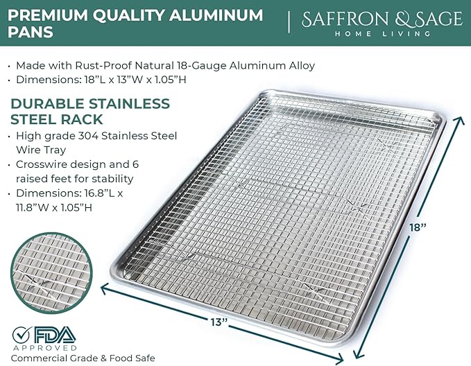 Commercial Quality Cookie Sheet and Rack - Aluminum Half Sheet Baking Pan and Stainless Steel