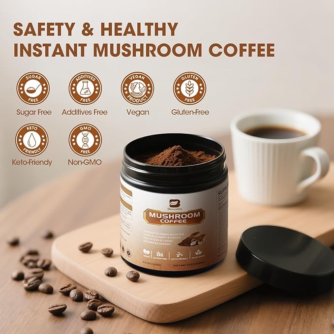 B BEWORTHS 2Pack Mushroom Coffee Powder with MCT Oil - 10 Mushroom Lion's Mane, Turkey Tail