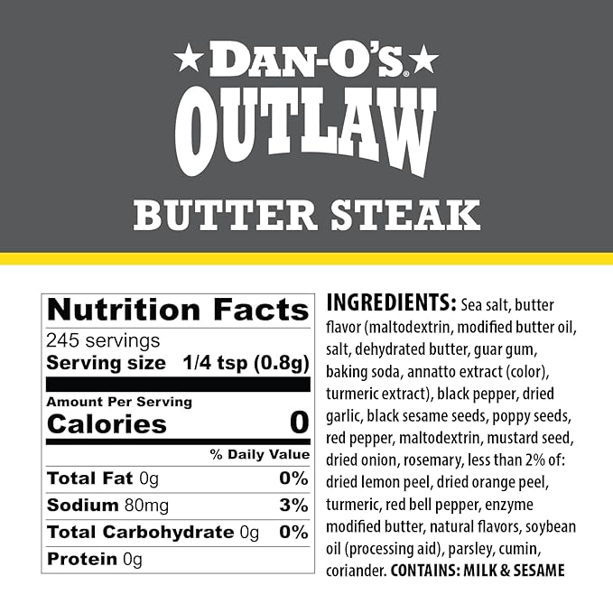 Dan-O's Outlaws Butter Steak Seasoning, 6.9 oz Bottle, All Purpose Seasoning for Steak, Chicken