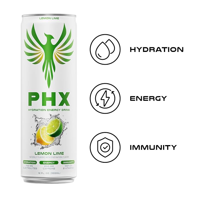 PHX Hydration Energy Drink - 700mg Electrolytes, 200mg Natural Green Tea Caffeine, 100% Daily Value