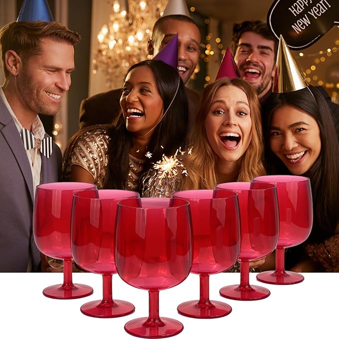 Yalin Set of 6 Unbreakable 12 oz Acrylic Plastic Wine and Water Tumbler Stackable Goblets. (Red, 12