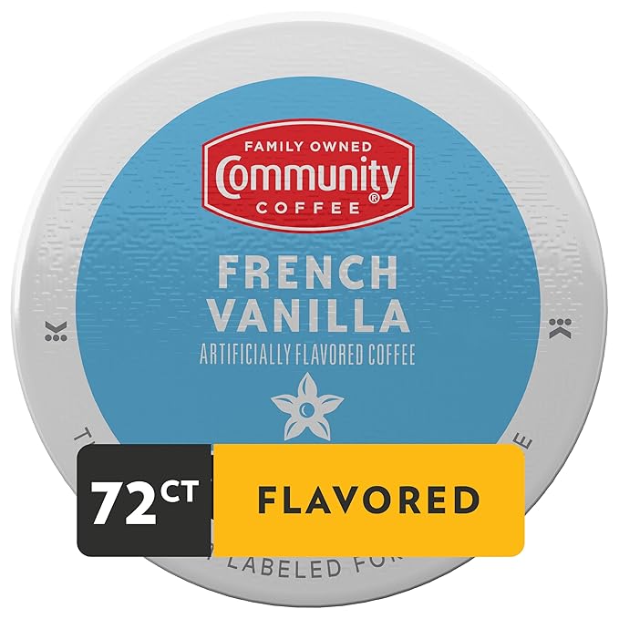 Community Coffee French Vanilla Flavored 72 Count Coffee Pods, Medium Roast, Compatible with Keurig
