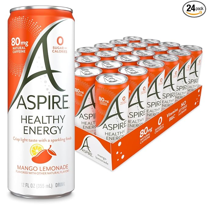 ASPIRE® Mango Lemonade, Healthy Energy Drink 80mg Natural Caffeine, Zero Sugar No Carbs Keto