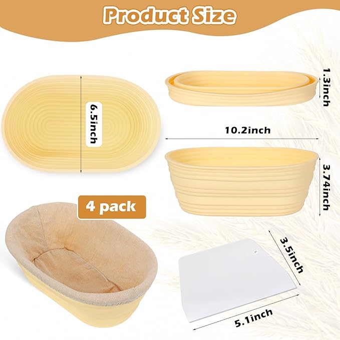 Nuogo 4 Pack Oval Bread Proofing Basket Silicone 10 Inch Collapsible Sourdough Bread Baking