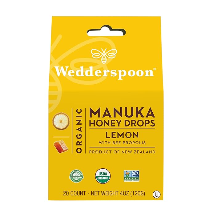 Wedderspoon Organic Manuka Honey Drops, Lemon & Bee Propolis, 20 Count (Pack of 1) | Genuine New