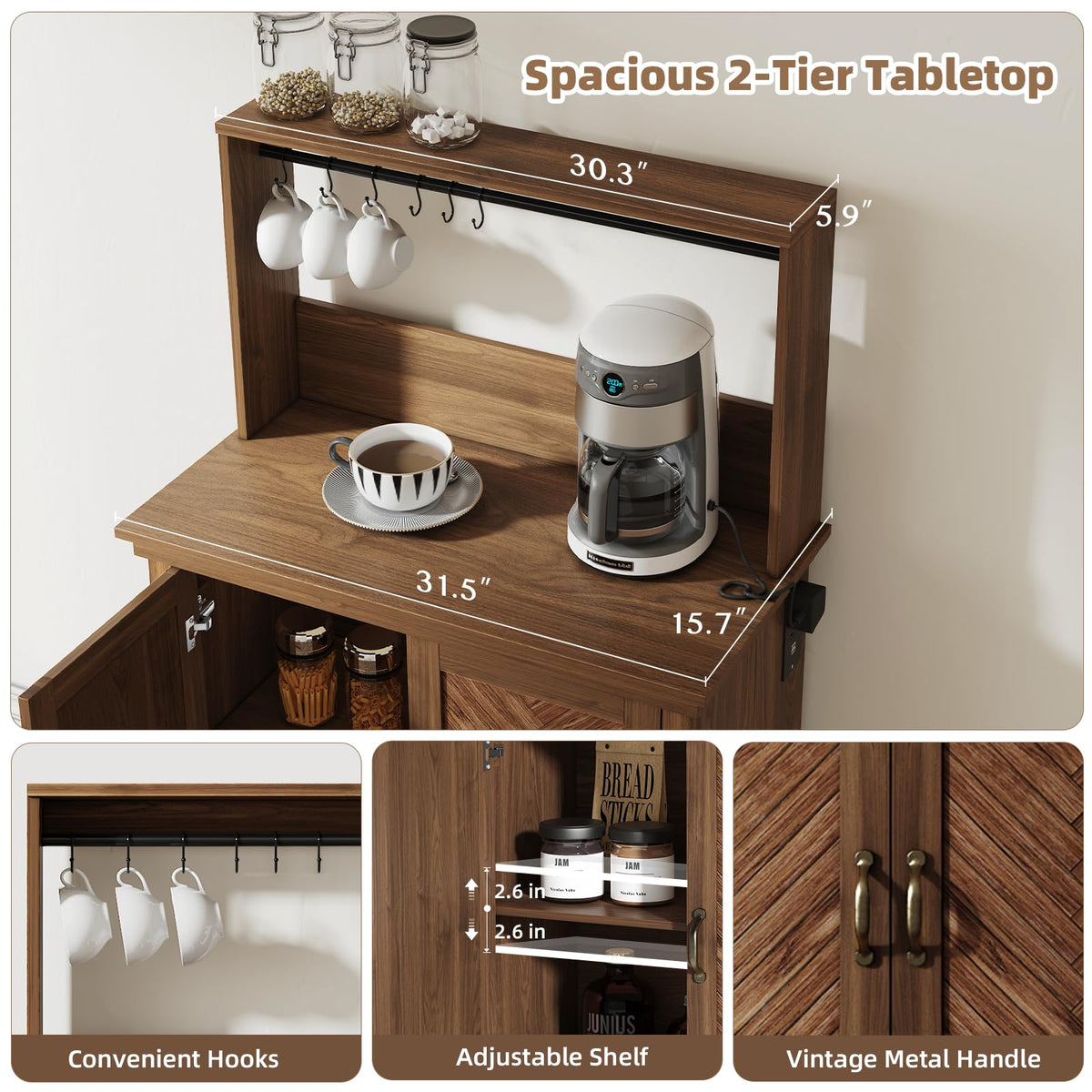 JOINICE Coffee Bar Cabinet with Storage and Charging Station,Walnut