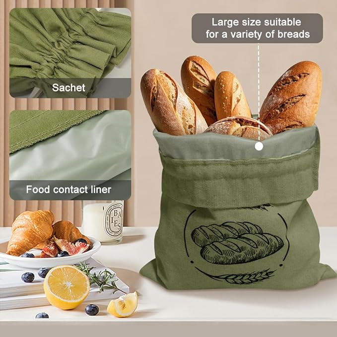 Linen Reusable Bread Bags for Homemade Bread & Sourdough - 2 Pack Breads Bags - 15x12 Inch