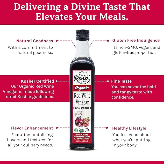 De La Rosa Red Wine Vinegar Organic, Raw & Unfiltered, Kosher for Passover, Vegan, Non-GMO & Gluten