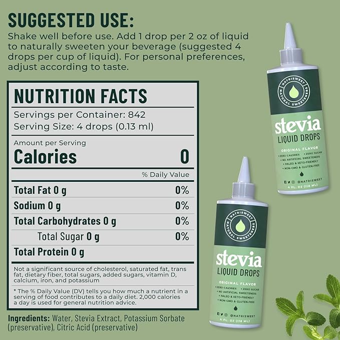 Natrisweet Liquid Stevia Drops 4oz 2pack, Pure Sweetener from Stevia Extract, Plant-Based Sugar