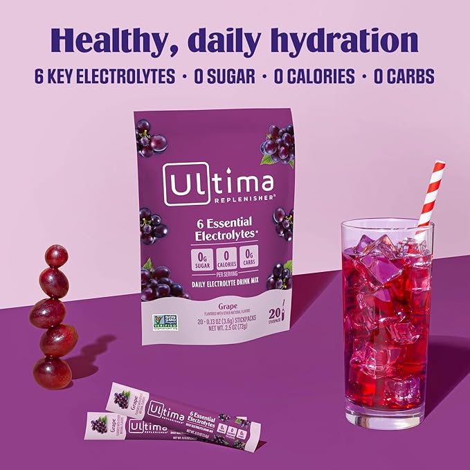 Ultima Replenisher Daily Electrolyte Powder Drink Mix ??Sugar Free ??Grape, 20 Stickpacks