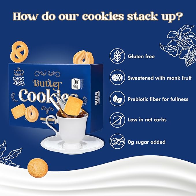 ChocZero Keto Butter Cookies - Sugar Free Danish Shortbread - Gluten Free, Low Carb - 8oz, (Pack of