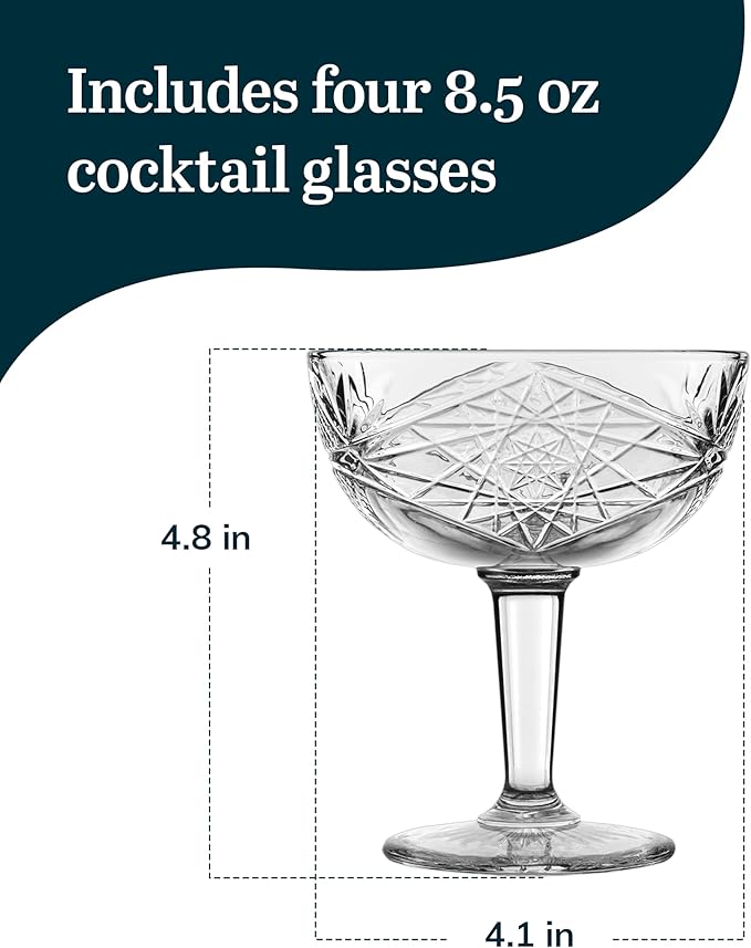 Libbey Hobstar Champagne Coupes , Timeless Bar Glasses, Dishwasher Safe Cocktail Glasses Set of 4