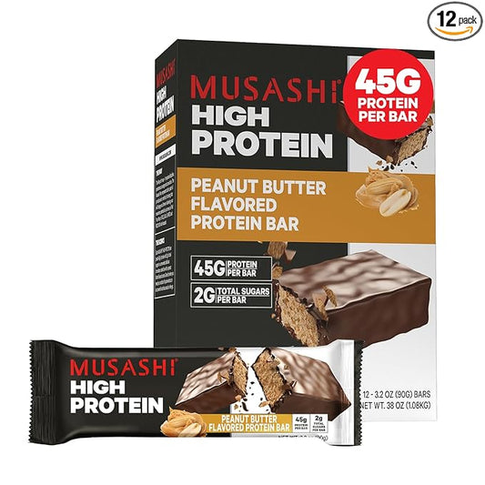 MUSASHI High Protein Bar, 45g Protein, 2g Total Sugars, Peanut Butter & Milk Chocolate Coated, Post