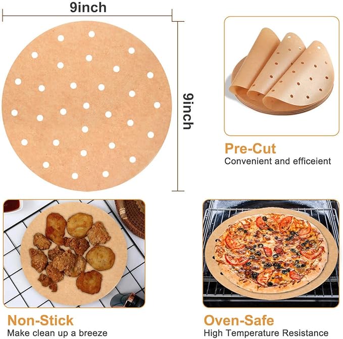 Air Fryer Parchment Paper, 9 Inch Round Liner, 200PC Unbleached Filter Paper for Air Fryers (100