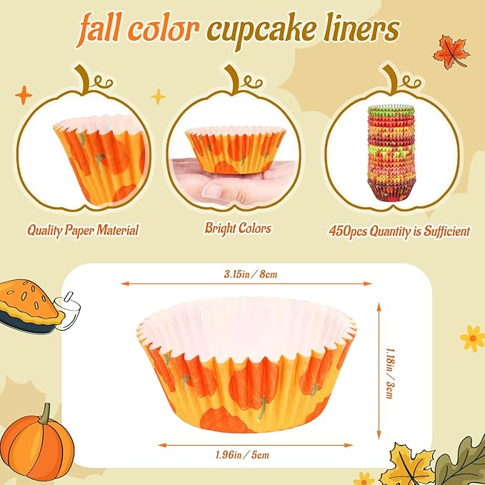 SANNIX 450pcs Fall Cupcake Liners, Thanksgiving Pumpkin Maple Leaf Cake Baking Cups Cupcake