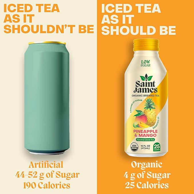 Saint James Iced Tea - Organic Green Tea - Non GMO, Gluten Free, Low Calorie & Low Sugar