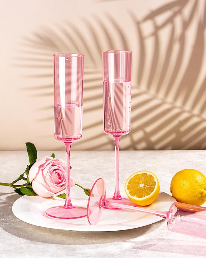 Ciaell 24 Pack Pink Plastic Champagne Flutes - Pink 6 Oz Disposable Champagne Glasses - Square