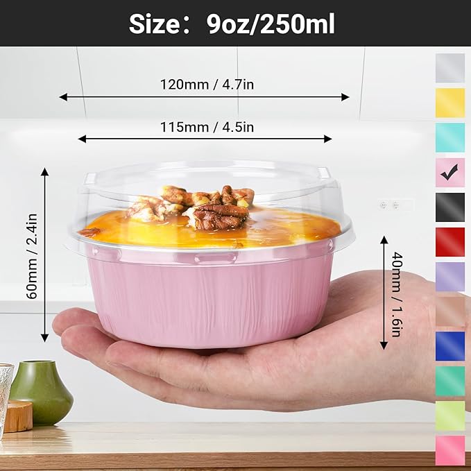 EUSOAR Disposable Muffin Tins, 100pcs 9oz Pink Aluminum Foil Pans with Lids, Cake Container Cups