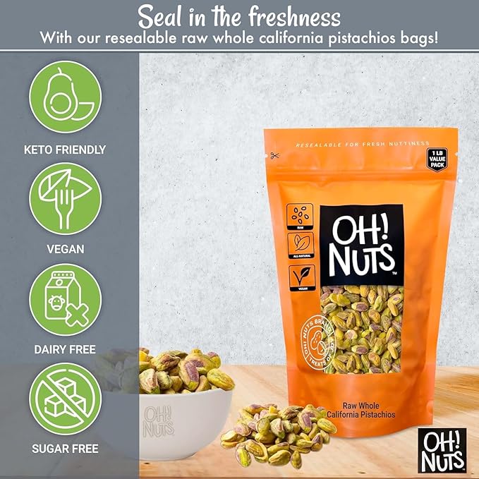 Oh! Nuts Pistachios No Shell - Raw - 100% Natural - 1 lb - Raw Whole California Pistachios - Packed