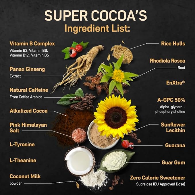 Super Cocoa Coffee Alternative Hot Chocolate Mix - Nootropics Brain Support Supplement for Memory &