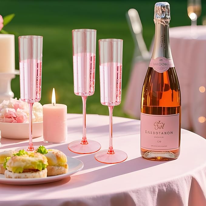 Ciaell 24 Pack Pink Plastic Champagne Flutes - 6 Oz Flower Wavy Champagne Glasses - Heavy Duty