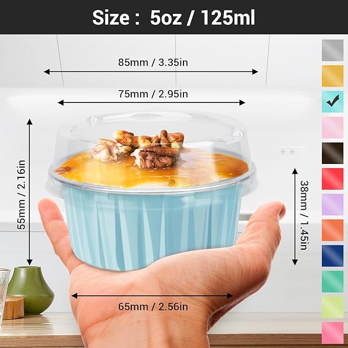 EUSOAR Cake Baking Cups, 100pcs 5oz 125ml Muffin Liners With Lids, Disposable Aluminum Ramekins
