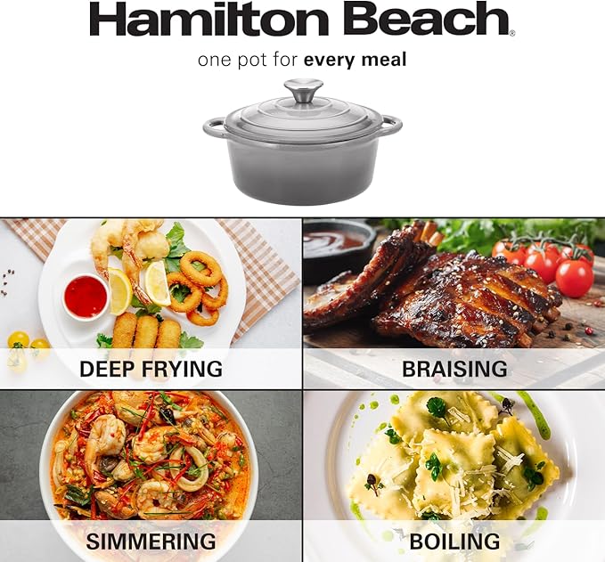 Hamilton Beach 3-Quart Enameled Cast Iron Dutch Oven with Lid | Cream Interior for Even Heat